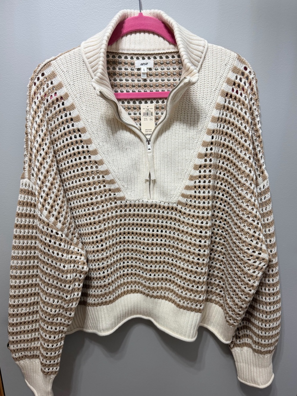 NWT Aerie Crochet Quarter Zip Sweater - Toasted Almond Cream Stripe - Size XL